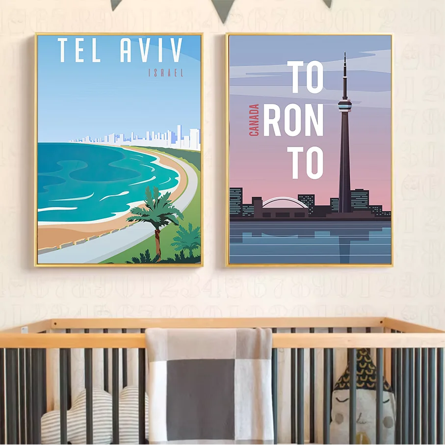Vintage Travel Poster Canvas Print Tel Aviv Toronto Cityscape Wall Art Frameless Canvas Painting Home Decor