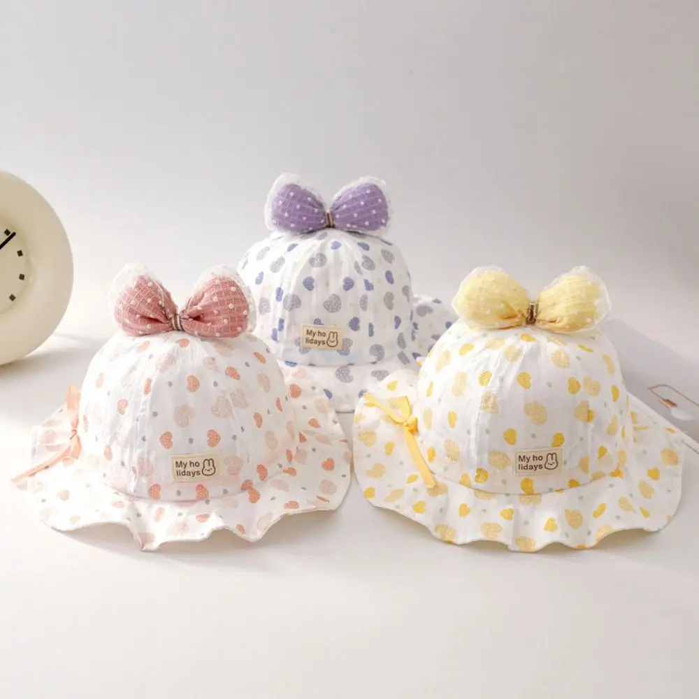 

Drawstring Sweet Baby Bucket Hat Heart Print UV Protection Kids Fisherman Hat Mesh Breathable Cute Bow Infant Basin Cap