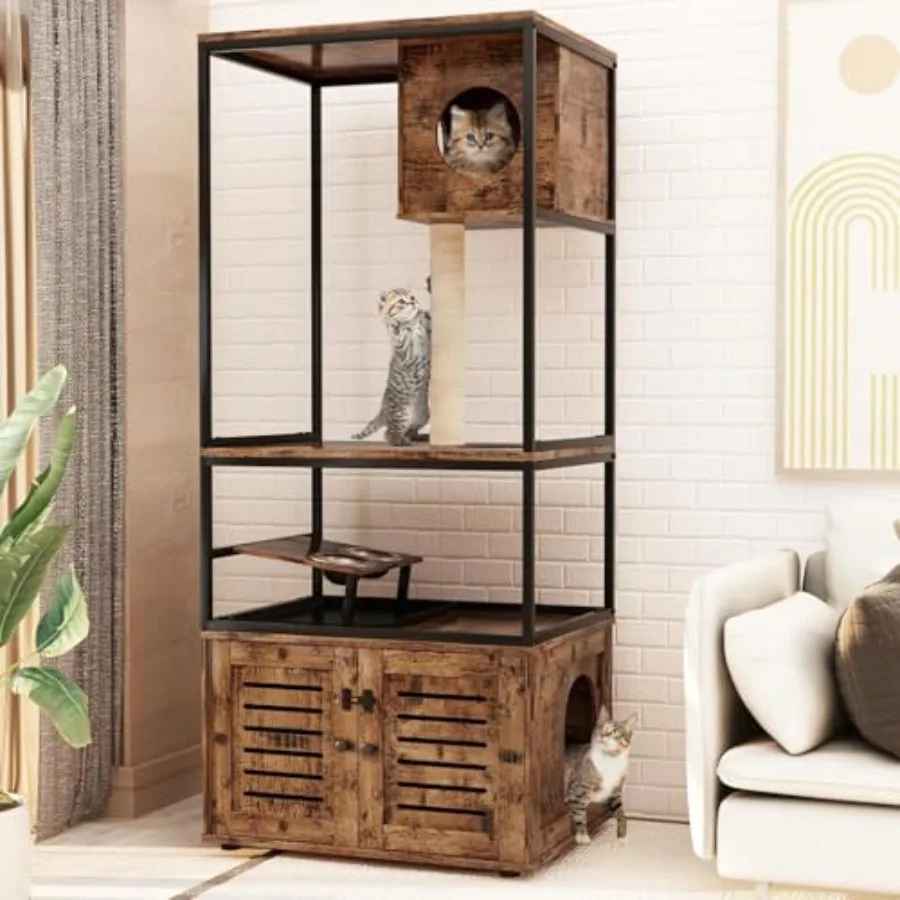 

Большой корпус для кошачьего туалета с 3-уровневым дизайном деревянной башни Приподнятая миска для кормления Встроенные когтеточки Скрытая туалетная комната