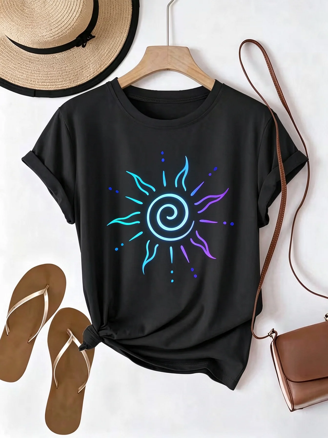 Spiral Sun Simple Line Print Women T-Shirt Casual short-sleeved Round Neck Top Summer Comfort Tees Y2k Harajuku Women's Clothing