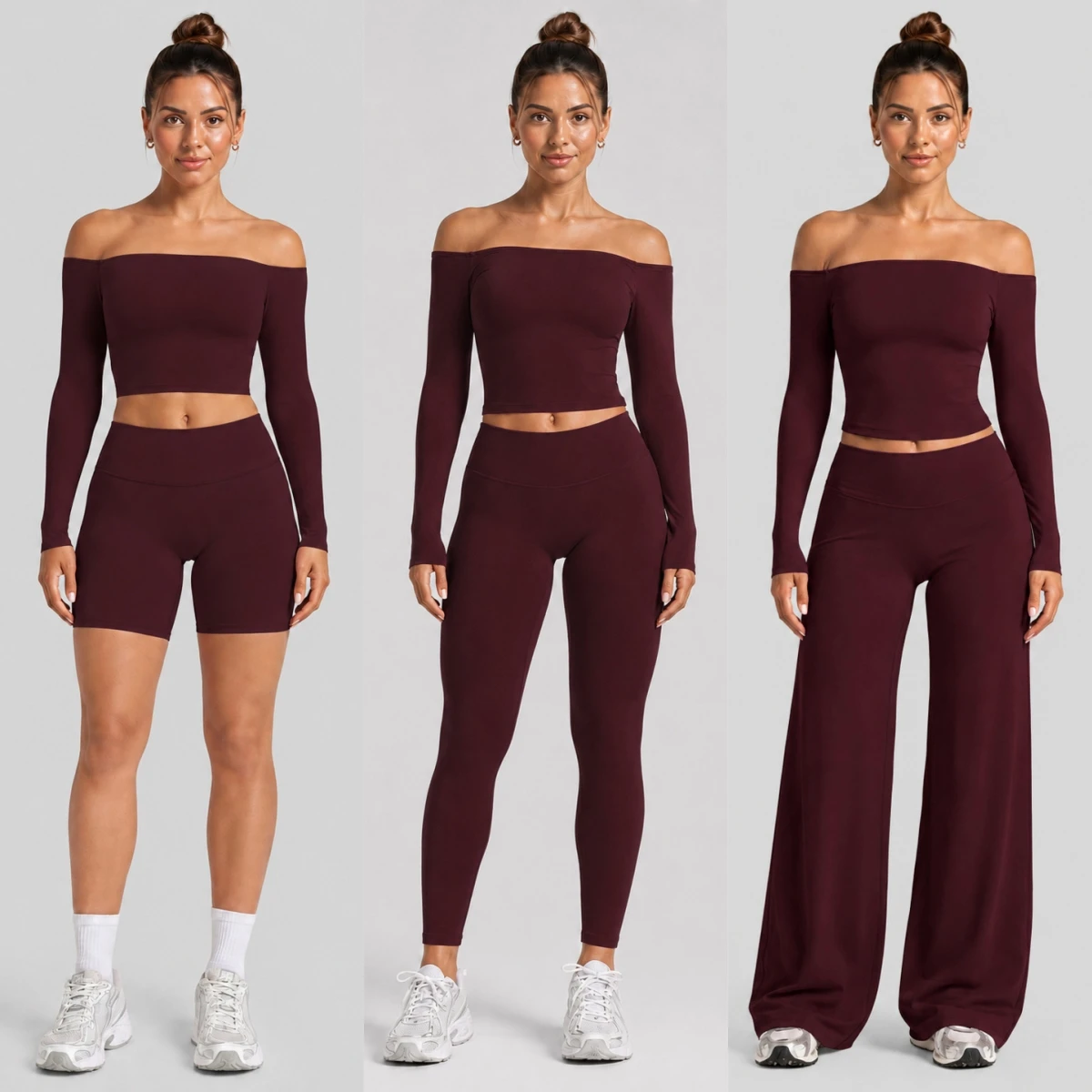 Women 2 Piece Yoga Set Off Shoulder Long Sleeve Crop Top High Waist Workout Leggings Wide Leg Pants Gym Fitness Sports Set 2026