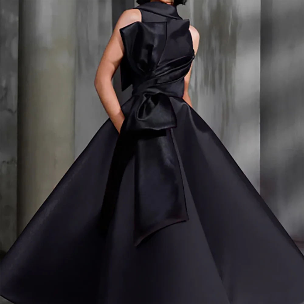 클래식 스테인 오-넥 민소매 보우 새시 A 라인 정장 이브닝 드레스 생일 파티 댄스 파티 드레스 맞춤형