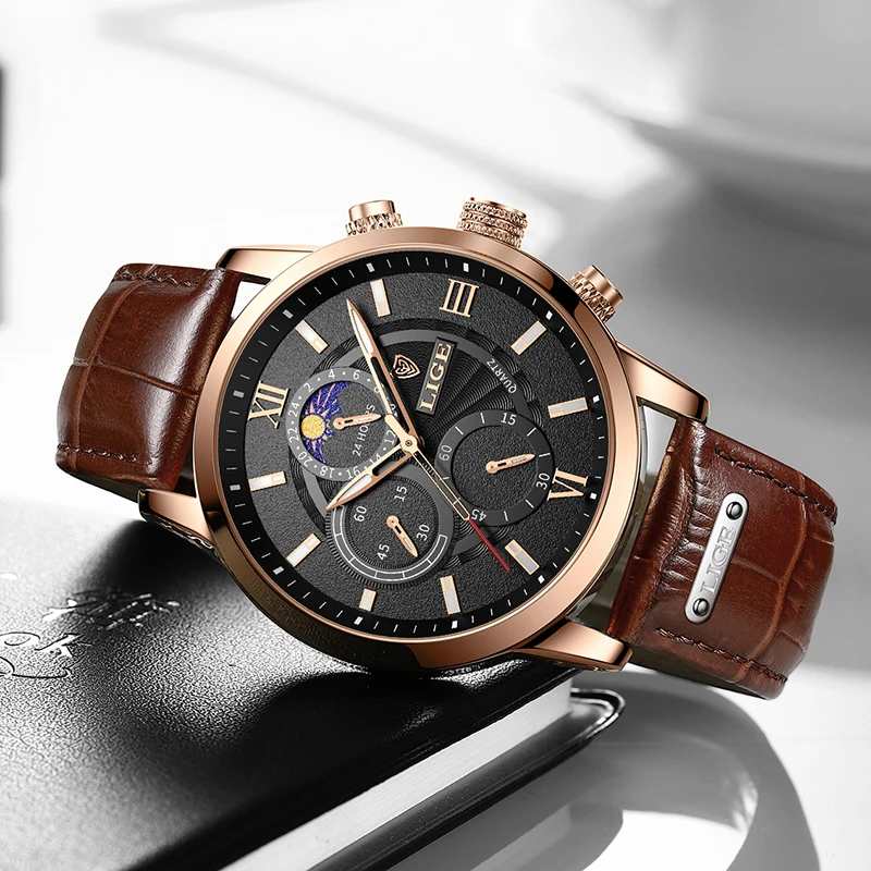 Top LIGE Brand New Men\'s Watches Leather Chronograph Waterproof Sports Automatic Date Quartz Watches for Men Relogio Masculino