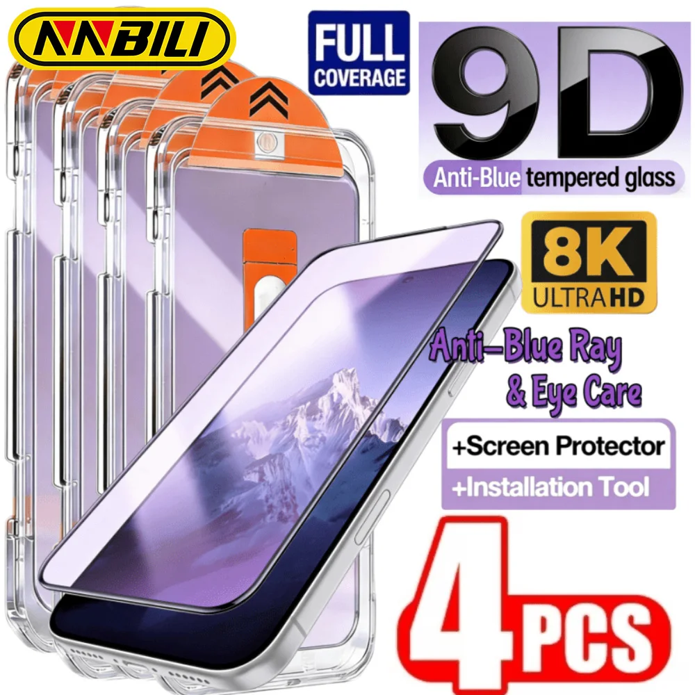 NNBILI 4 Stück 9D Vollflächiger Anti-Blaulicht-Schutz aus gehärtetem Glas, für iPhone 18 17 16 15 14 13 12 11 Pro Max Ultra HD, Augenschutz