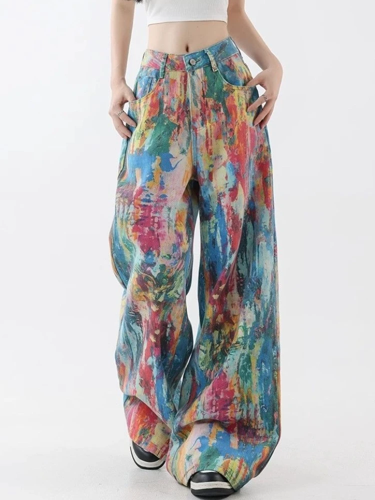 

2025 American Vintage Jeans High Waist Casual Loose Tie Dye Contrast Color Wide Leg Pants Y2k Harajuku Streetwear Women Clothing