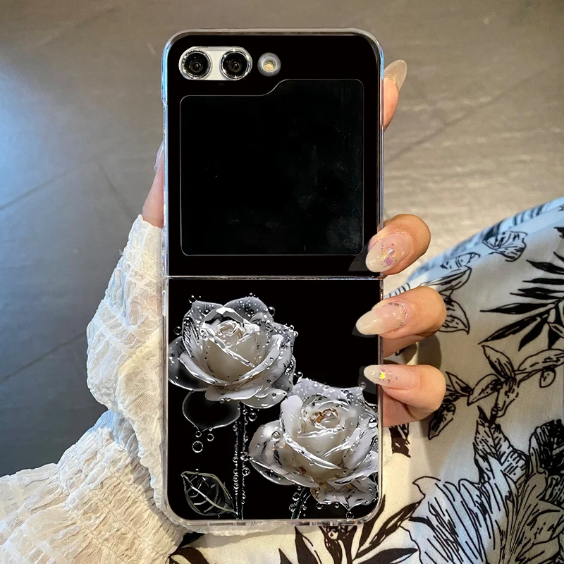 Weiße Rosen-Blumen Handyhülle für Samsung Galaxy Z Flip7 FE Flip8 Flip6 Transparente Faltbare Hartschale für Samsung Z Flip 8 7 6 5 4 3