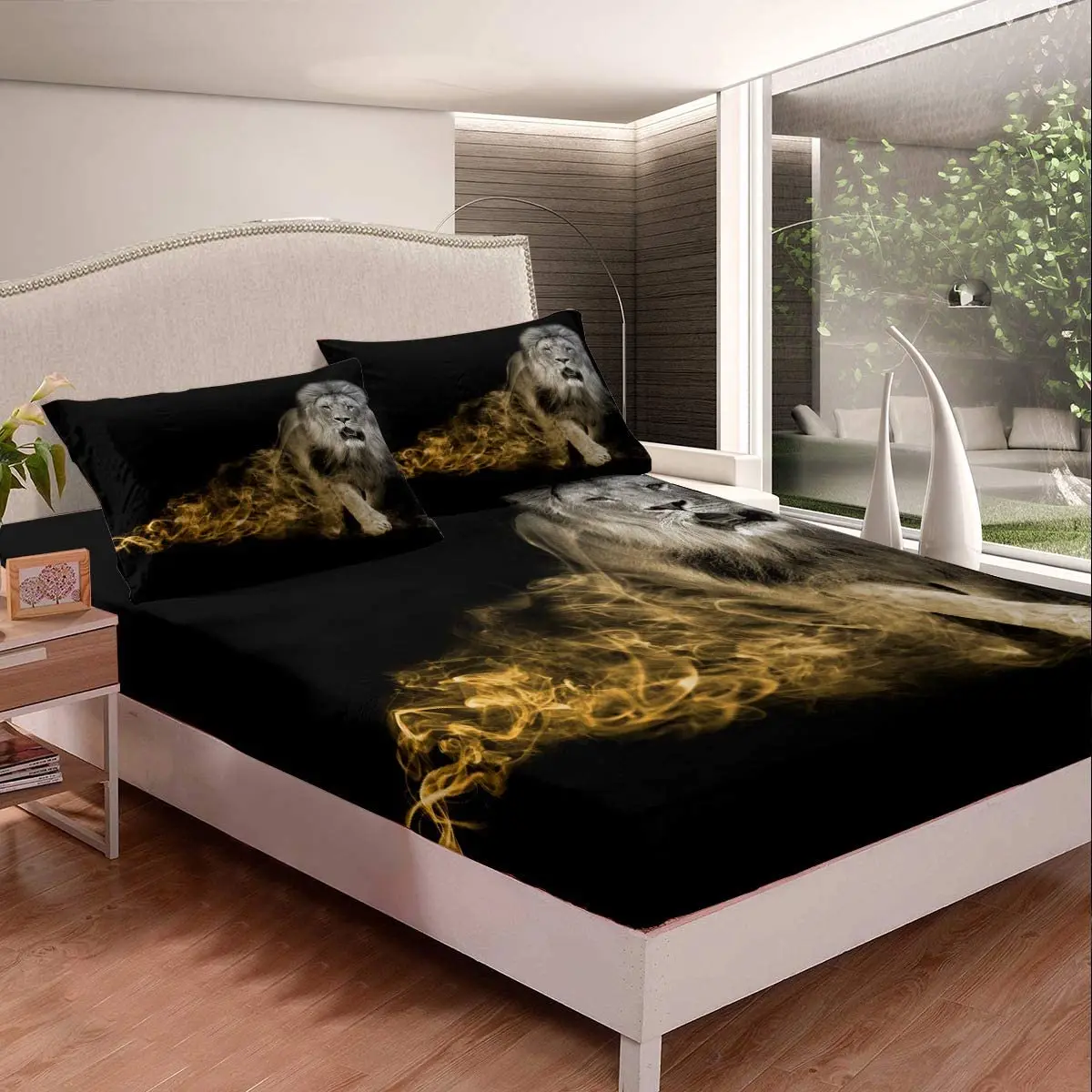 Lion Fire Black Fitted Sheet Queen Animals King Bed Sheet Set Kids Children Adults Bedding Set All Around Elastic Deep Pocket