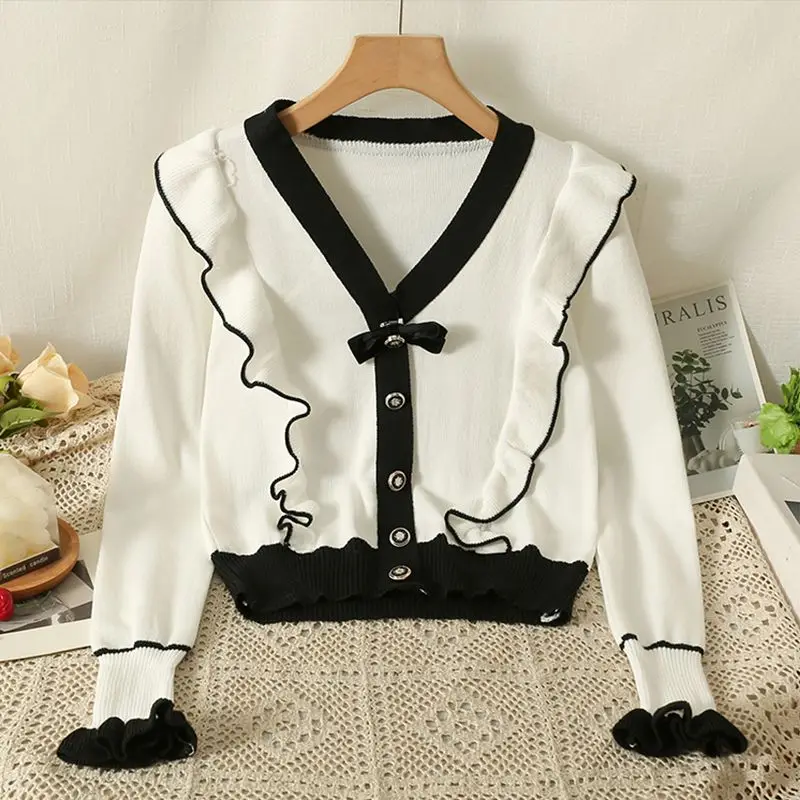 Bow V Neck Ruffles Patchwork Cardigan Autumn Winter New Long Sleeve Contrast Elegant Sweaters Tops Fashion Korean Women Clothing