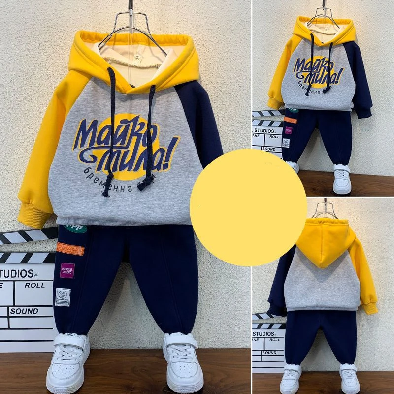 Children Fleece Sweatsuit Set 2Pcs Winter Baby Boys Alphabet Sweatshirt+Sweatpant 2Pcs New Hooded Thicken Warm Children Suit