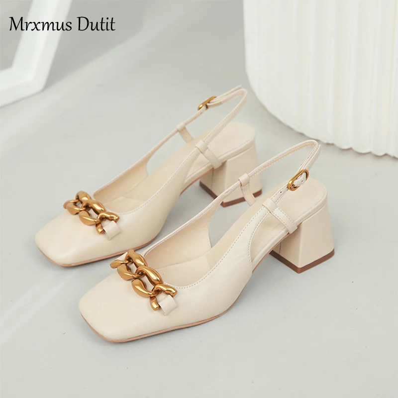 Mrxmus 2023 New Spring Summer Fashion Genuine Leather Square Head Metal Chain Chunky Heel High Heel Shoes Simple Casual Women