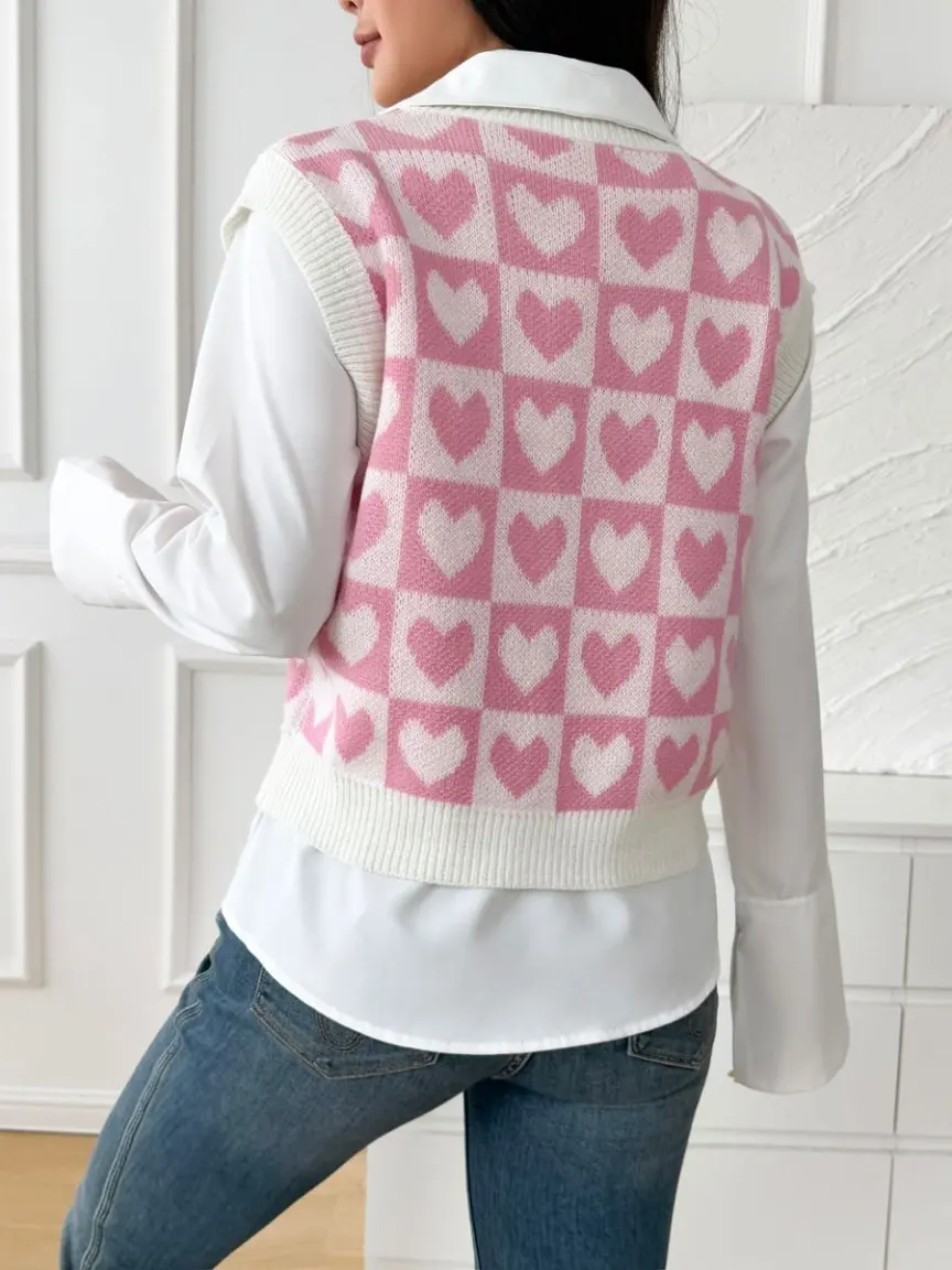 Spring and summer new college-style sweet and casual heart-shaped checkered knitted vest, sweater, vest and top for women