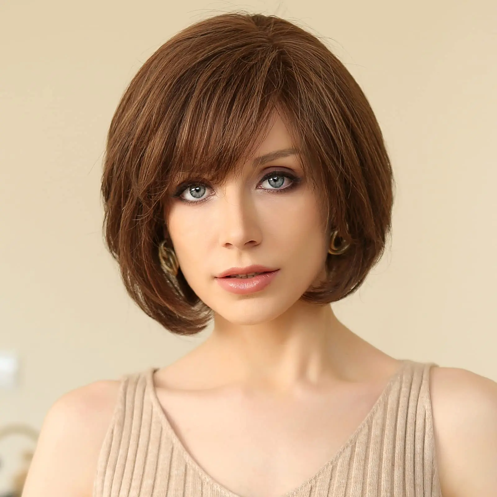 Short Straight Brown Lace Front Human Hair Wigs with Bangs for White Women Bob Natural Wavy Layered Wigs 100% Remy Human Hairs