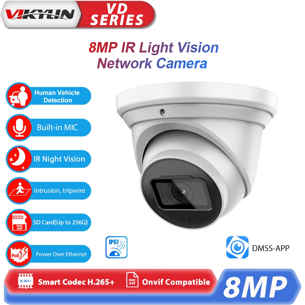 Vikylin 4K 8MP IP Camera For DH OEM HDW2841T-S WizSense IR Night VisionSMD Plus With MIC POE Outdoor Security Camera Home CCTV