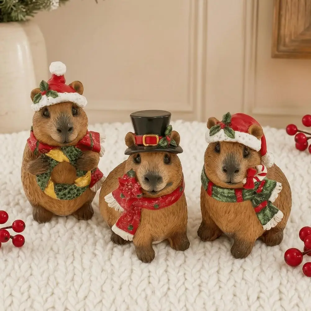 Cute Resin Ornament Christmas Capybara Figurine with Hat Scarf Resin Sculpture for Holiday Tabletop Decoration Cute for Home