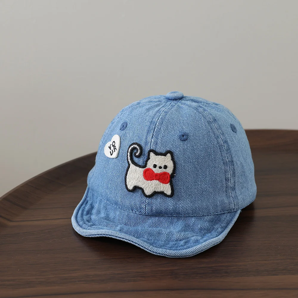 Children's washable denim soft-brimmed baseball cap with cat embroidery, duckbill style, cartoonish casual soft-top hat view 5
