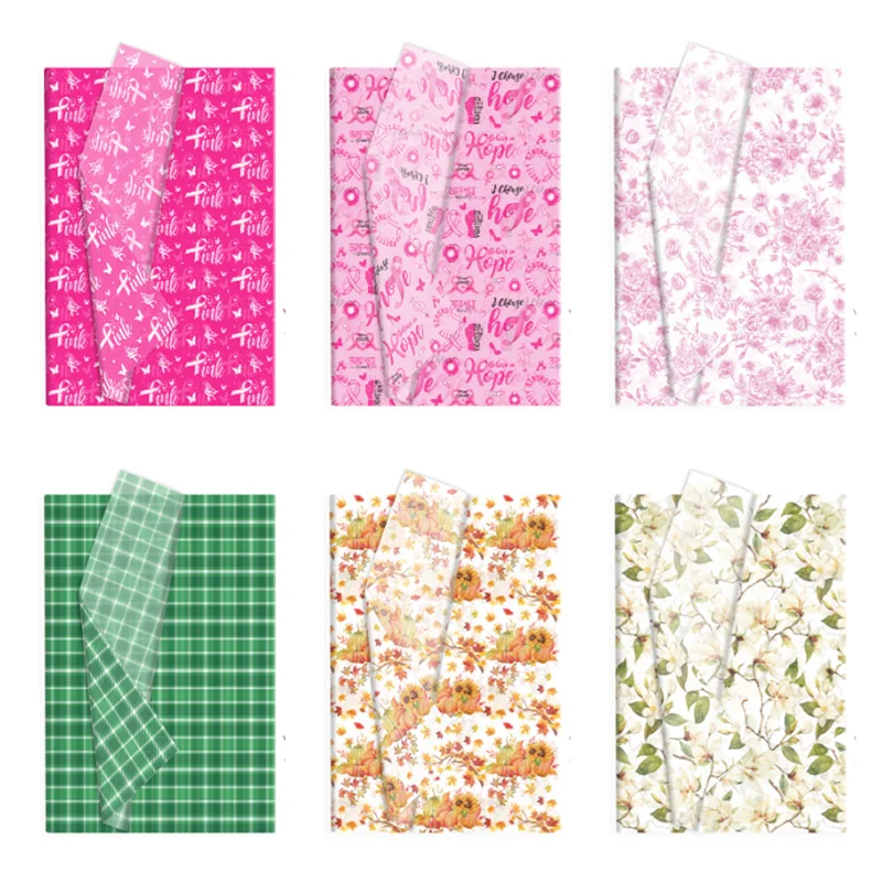 Floral Plaid Printed Tissue Paper 6 Styles Decorative Wrapping Paper for Wedding Birthday Gift Bouquet Packaging DIY Craft