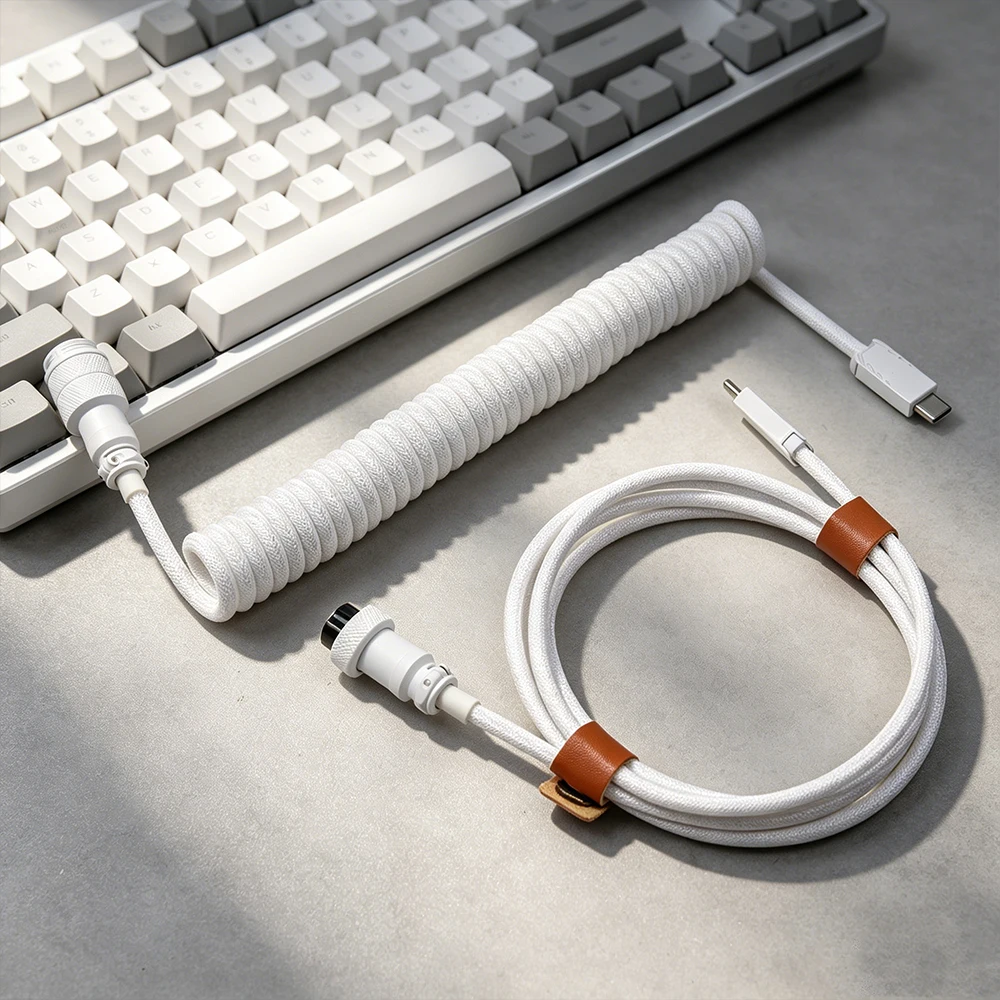 Coiled Keyboard Cable Type C To C Double-Sleeved Detachable Metal Aviator For Gaming Keyboard | Silver-gray/White/Black/Deep Blu