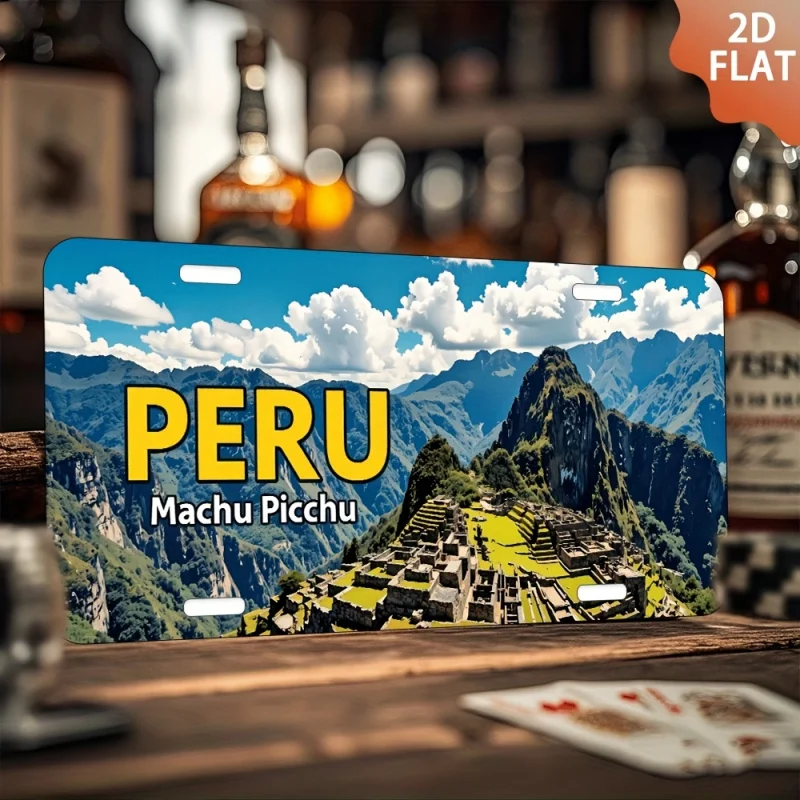 HD Aluminum Metal Sign, Peru Machu Picchu Vintage License Plate Style Wall Decor, Retro Ancient Wonder Mountain Landscape Design