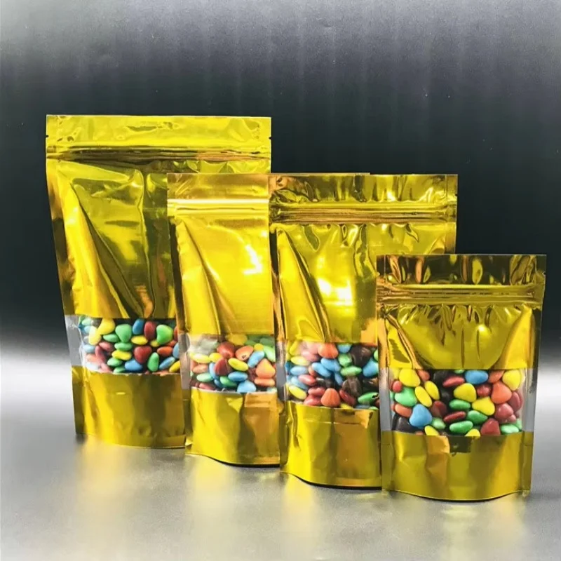 

100PCS Glossy Gold Stand-Up Resealable Pouches - Window View Bags for Coffee, Nuts, Snacks, Candy, Dried Fruits & DIY Storage