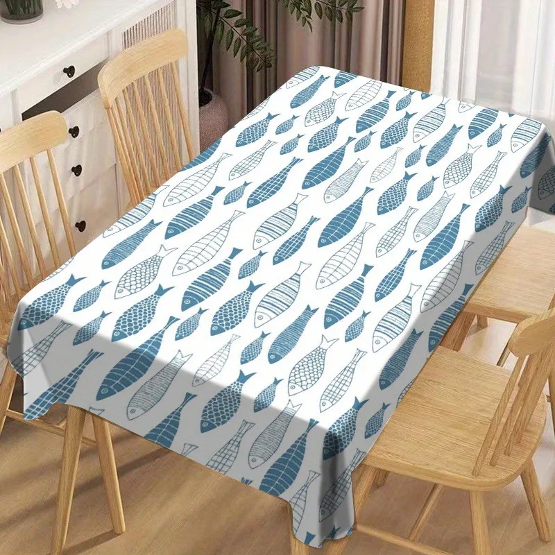 Blue White Sardine Fish Print Rectangle Tablecloth for Table Decor Washable Farmhouse Kitchen Dining Table Cloth Party Decor
