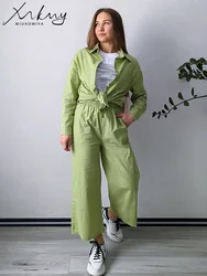 Green Loose Cotton Linen Blouse And Pants Sets Women Spring Summer Wide Leg Trousers Ladies Two Piece Outfits Women Pants Suits