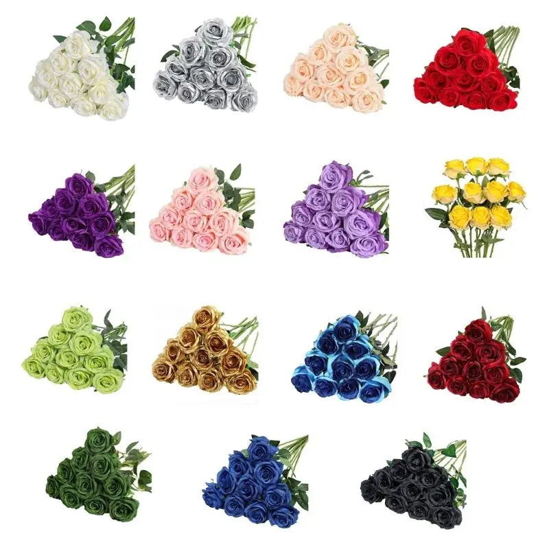 A52E 10pcs Realisitc Artificial Rose Flower with Long Stems Bridal Shower Decors Valentines Centerpieces Silk Flower Display
