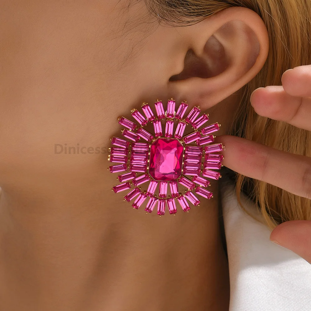 New Fashion Sparkly Crystal Big Stud Earrings For Women Luxury Design Charm Brand Round Unusual Party Jewelry Ear Accessories