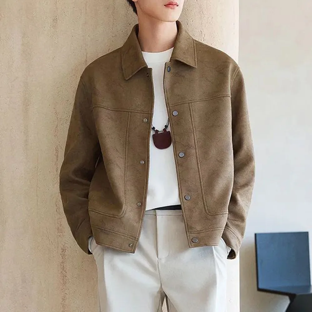 Mens Jacket Imitation Suede Casual Jacket Autumn British Style Fashion Trend Youth Campus Long-Sleeve Top Men'S Clothing 2024