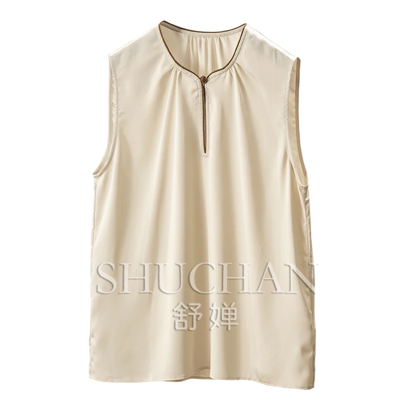 

Simple and fashionable, improved pole texture New Chinese contrasting color collar pleated sleeveless vest shirt Women's 1Y40