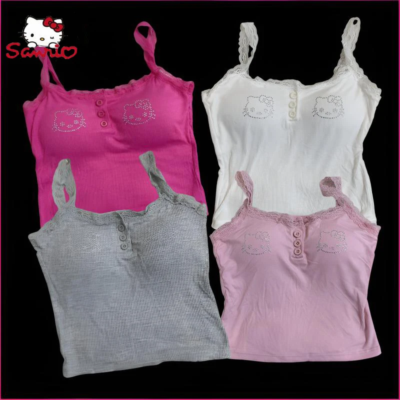 

Hello Kitty Summer Lace Vest for Women Y2K Sexy External Wear Base Tank Slim Suspender with Bra Pads Top Women's Clothing