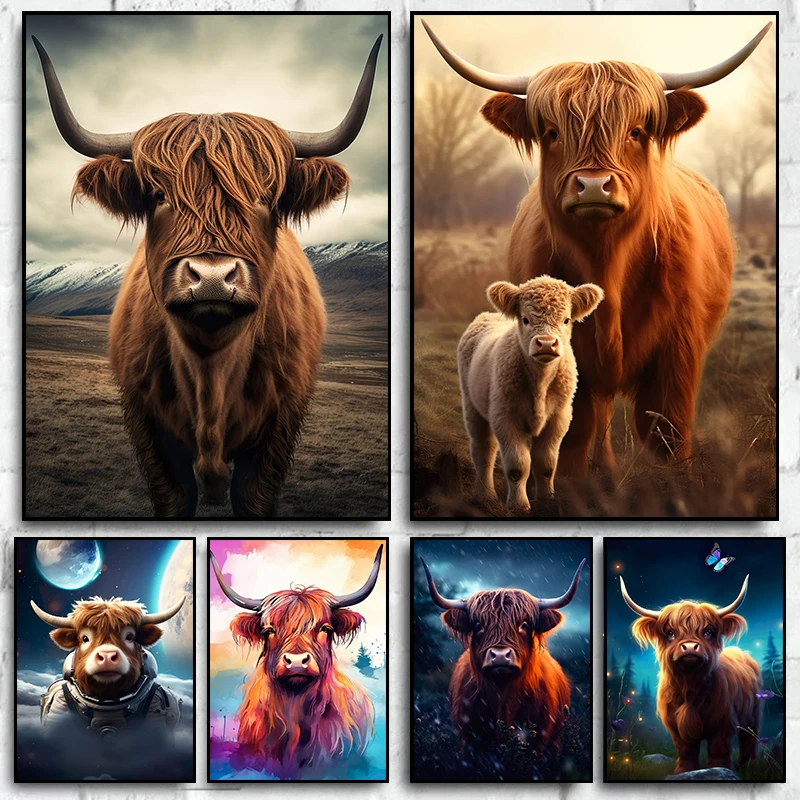 Cute Highland Cows Cattle Baby Canvas Painting and HD Print Wall Art Picture for Nordic Living Room Kid' Room Home Decor Gifts