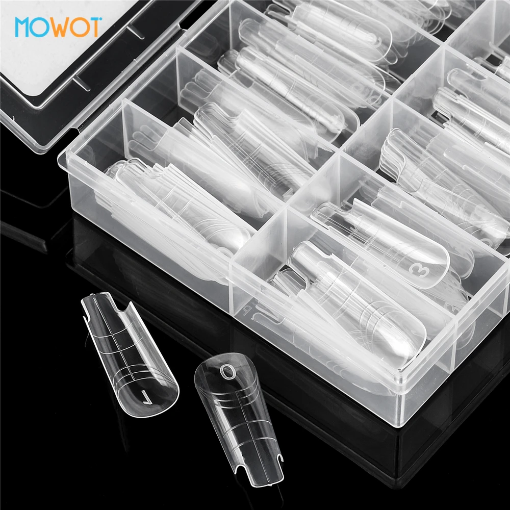 MOWOT Nail Dual Forms 140pcs/box Clear Acrylic Reusable False Nail Tips Nail Molds for Poly Extension Gel 14 Sizes Nail Top Form