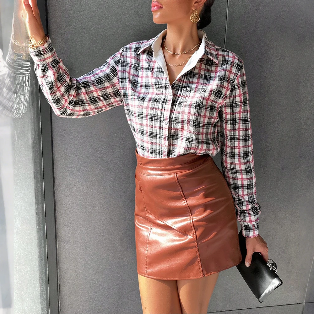 

Mia Muse Women's Shirts Autumn Korean Decent Plaid Patchwork Single Breasted Long Sleeve Shirt Collar Daily Shirts