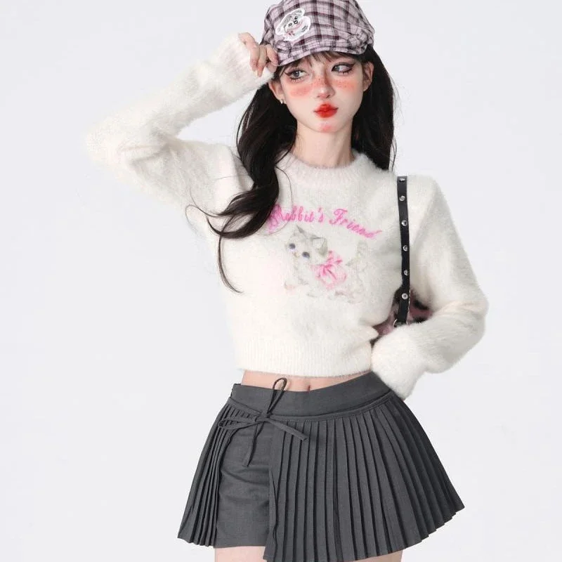 New College Style Harajuku White O Neck Sweater Women Autumn Winter Korean Fashion Long-sleeved O-neck Pullovers Cute Top Female