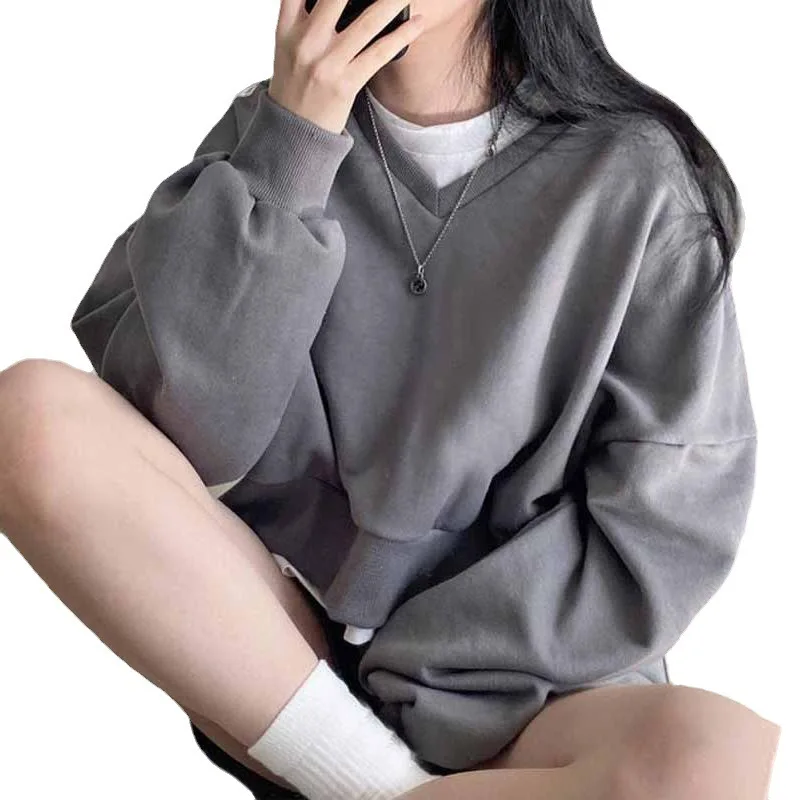 한국 세트 레이지 브이넥 풀오버 스웨트셔츠 세트 루즈핏 긴팔 캐주얼 라운지웨어 세트 하이웨이스트 와이드 레그 쇼츠 아웃핏