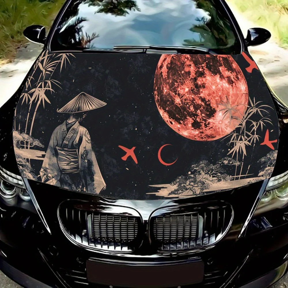 

The Japanese Warrior Wearing A Bamboo Hat Sky Red Moon Bamboo Car Hood Decal Sticker, Durable Car Vinyl Wraps Suitable for Most