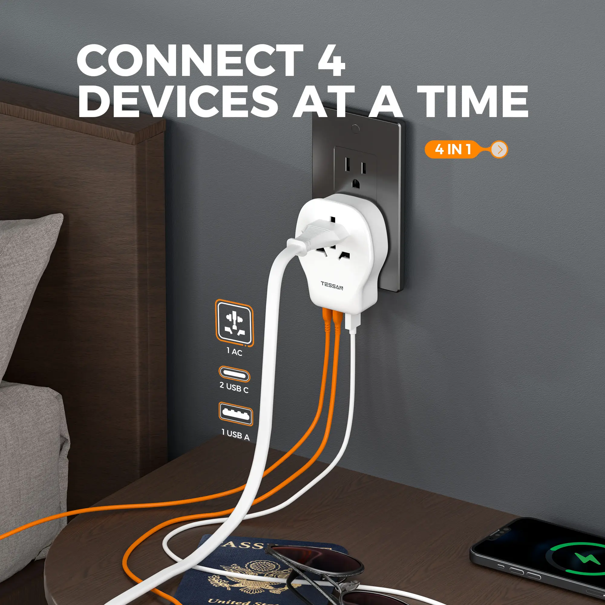 محول السفر الأمريكي من تيسان مع محول قابس حائط USB عالمي AC 3 لمقبس كهربائي من النوع C G B I A L لغرفة فندق السفر