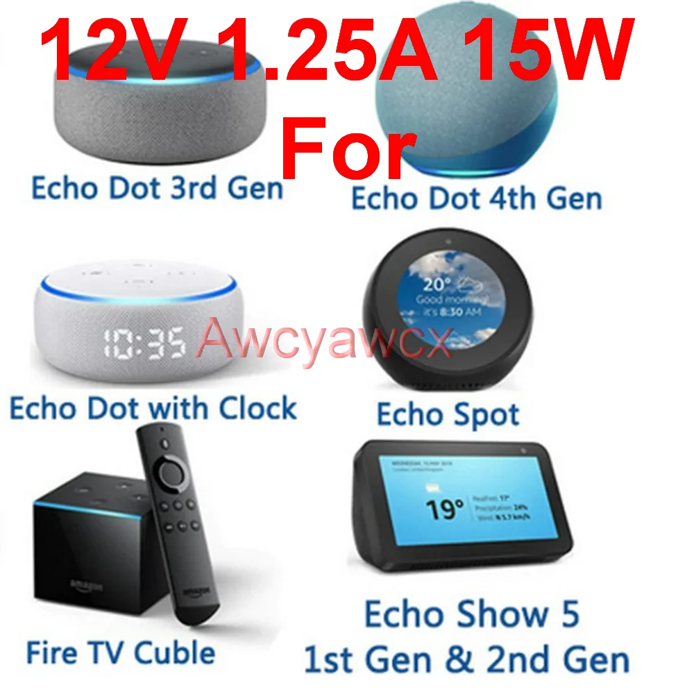 شاحن محول تيار متردد تيار متردد 12 فولت 1.25 أمبير لـ Alexa Echo Spot Echo Dot 3rd Gen و4th Gen Fire TV Cube Show 5 Dot مع ساعة