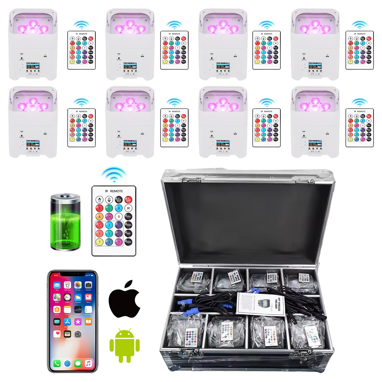 

8pcs Flight Case 6x18 Wireless Battery Uplights LED Par Light Stage Lights with 7 Modes