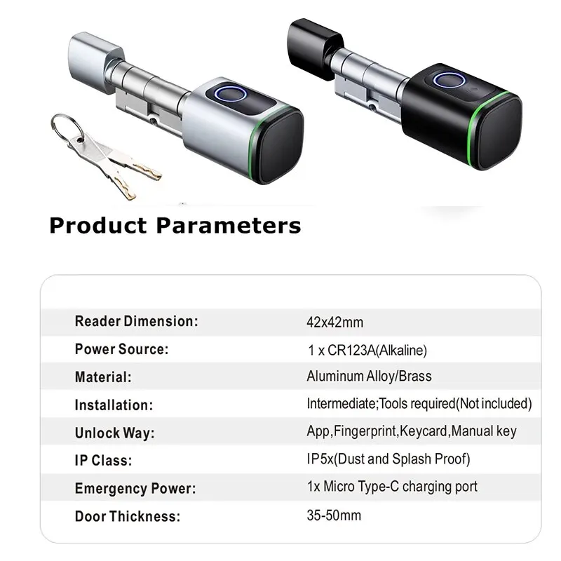 Serrure à intervalles intelligents avec empreinte digitale Bluetooth Tuya, carte IC 13.56MHz, batterie CR123A incluse, installation facile, remplacement l's