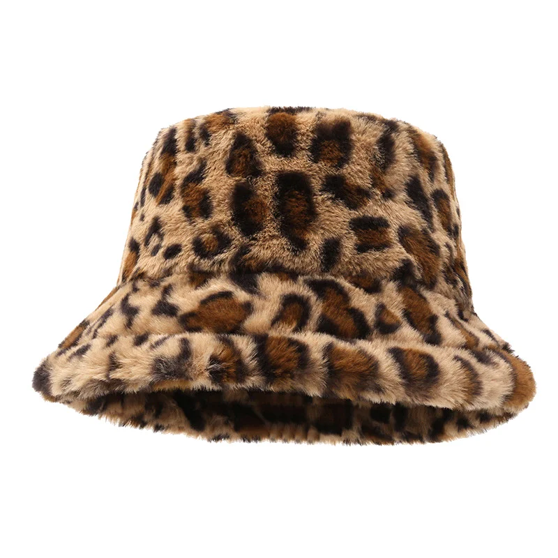 Hats, Women's Winter Faces, Small Leopard Print, Fisherman's Hats, Women's Versatile Thermal Tub Hats, Plush Bucket Hats