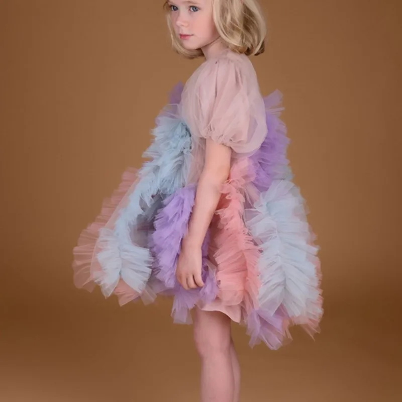 Fashion Baby Girl Princess Short Sleeve Ruffled Dress Kids Teens Elegant Tulle Vestido Party Costume Summer Baby Clothes 2-10Y