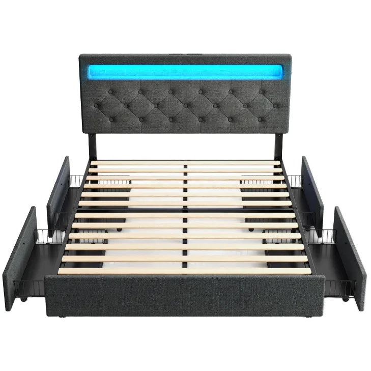 #Modern Design LED Lights Four Drawers Side Storage Up-Holstered Bed Large Adjustable Headboard Iron Bed Foreign Trade Factory