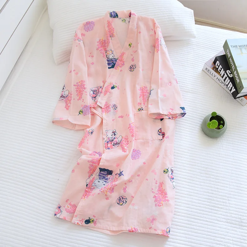 Rabbit Kimono Summe Sleeping Skirt Pajamas Robe 100% Cotton Gauze V-neck Simple Loose Sleepwears Nightly Pijama Home Clothing