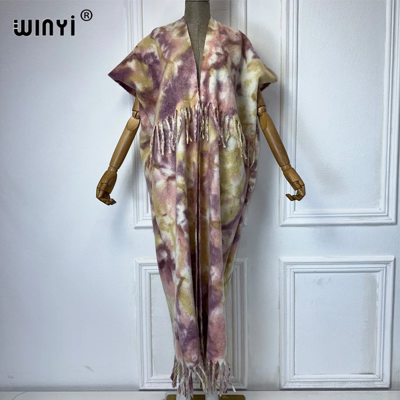 WINYI Winter Wholesale African cardigan Tie-dye print abaya outfits for women Fringed coat Open Front Kimono long down cloak