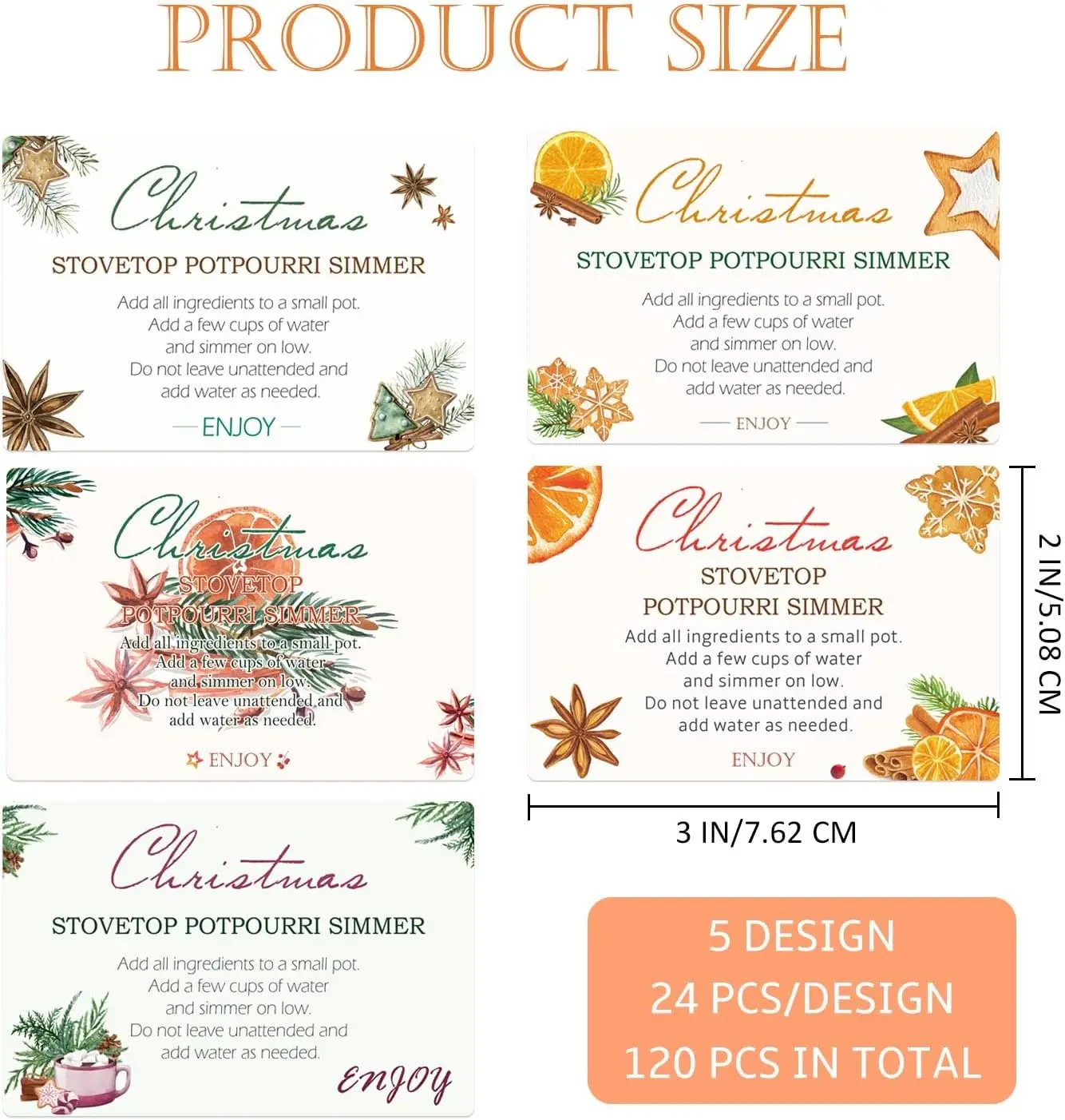 `120Pcs 2x3 Inch Christmas Stovetop Simmer Potpourri Labels, Self‑Adhesive Present Tags, Home Scent DIY Christmas Party Decor