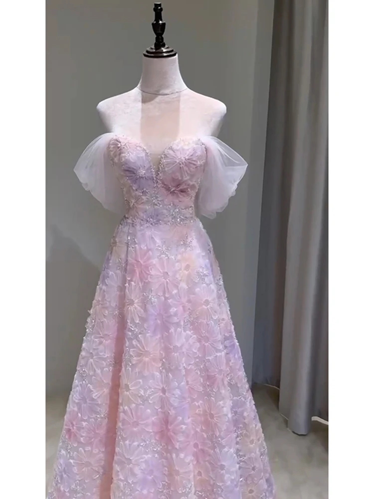 Customized Sweet Pink Lace Flower Evening Dress Romantic A-line Sequins Beading Floor-length Party Formal Gowns for Women