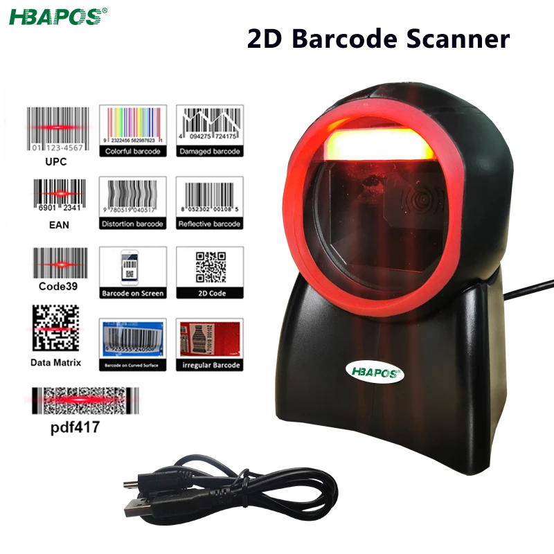 2D Omnidirectional Barcode Scanner 1D 2D QR Code Desktop Auto Sense Bar Code USB PDF417 Data Matrix Reader for Supermarket Store