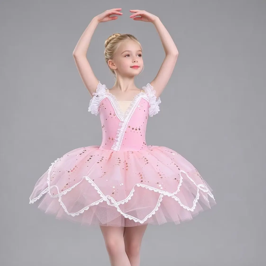 girls-pink-off-shoulder-ballet-tutu-dress-white-ruffle-star-sequin-lace-trim-kids-ballerina-stage-performance-competition-outfit