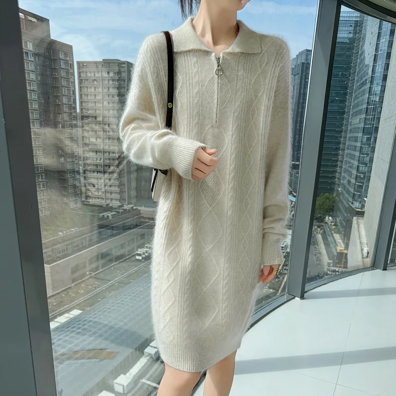 Outono e inverno saia de lã de vison senhoras lapela cor sólida zíper malha torcido pulôver solto casaco de fundo